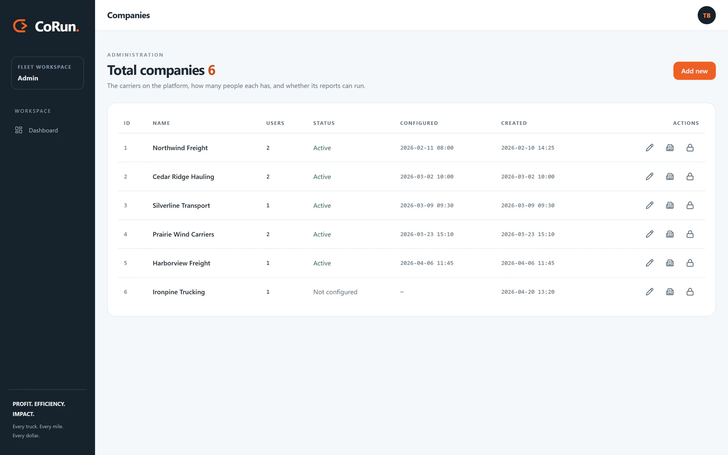CoRun dashboard: a list of demo trucking fleets with each fleet's users, status, and setup dates.